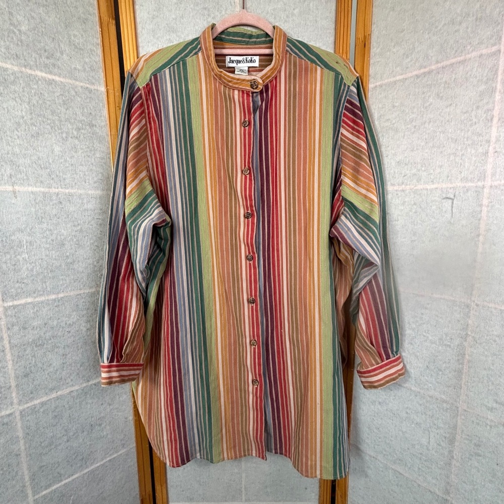 Jacque & KoKo Striped Button Down Shirt 18/20 Multi-Color Linen Stain